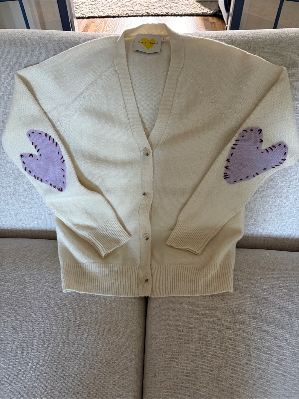 Cream VโNeck Cardigan with Lavender Heart Elbow Patches
